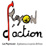 Dessin symbolisant les mots "Rayon d'Action", la bare du "R" étant faite d'un rayon de roue de vélo (en rouge) et le "o" d'un pignon