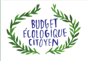 Logo du Budget Écologique Citoyen du Puy-de-Dôme, représenté par deux branches vertes de laurier, encadrant les mots bleus "BUDGET ÉCOLOGIQUE CITOYEN"